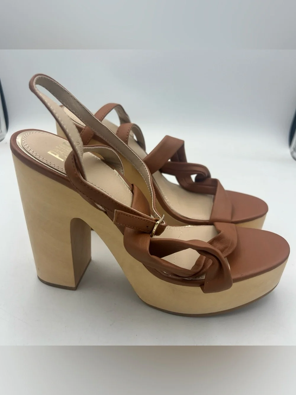 PAIGE Cayden Leather Ankle Strap Platform Sandal Woodgrain Block Heel Size 9 NEW